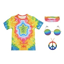 lapinchen Hippie Costume 4-Piece Unisex 60s/70s Outfit Set – Tie-Dye Shirt · Classic Round Sunglasses · Adjustable Bandana · Peace Necklace – 70s Hippie Style for Men & Women (turtles, X-Large)