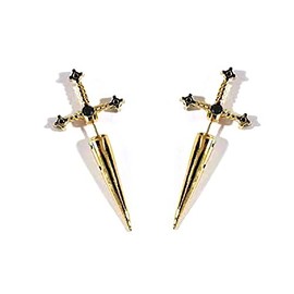Gothic Unix Cross Sword Earrings Crystal Punk Knives Shape Cool Goth Dagger Screw Back Ear Jacket for Women Men Fake Gauge Illusion Jewelry-Gold