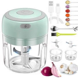 Electric Mini Garlic Chopper 2 Cup,Portable Cordless Food Processor, Vegetable Chopper Blender Onion Mincer,Meat Grinder with USB Charging for Chili,Pepper,Baby Food,Spice, Nuts,Herb(Green 100+250ml)