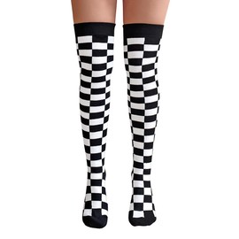 NuJake Over The Knee Black & White Chequered Socks Checked Police Teens Cosplay Pattern UK 4-5.5
