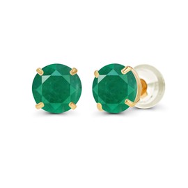 Genuine 10K Solid Yellow Gold 4mm Round Natural Green Emerald May Birthstone Stud Earrings
