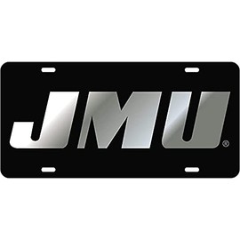 Black License Plate Frame Silver Mirror Inlays (JMU, James Madison)