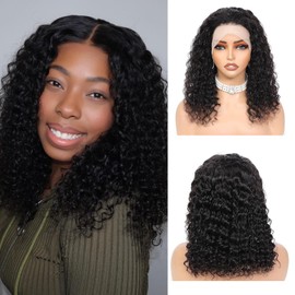Damen-Perücke, natürlich, gelockt, 13 x 4 cm, HD, Spitze, kurz, Jerry Curl, Bob Wig, 180 % Dichte, lockig, Perücke, Damen, kurz, Schwarz, brasilianisches Echthaar, 30,5 cm