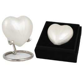 Small Keepsake Heart Cremation Urn For Ashes With New Improved Lid, Mini Heart Memorial Urn With Box & Stand (Pearl White Aluminium)