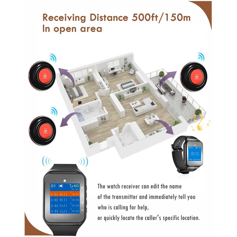 CallToU Caregiver Pager Wireless Smart Call Button 500+ ft Vibration
