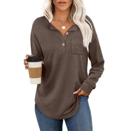 OFEEFAN Dressy Tops for Women Fall Outfits 2025 Long Sleeve Shirts Casual Curved Hem T Shirts for Women with Pocket L Brown