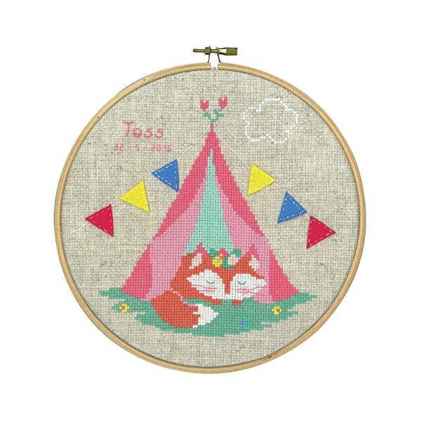Vervaco PN-0155355 14 Count Round Fox in Tent Birth Record on Aida Counted Cross Stitch, 8", Multicolor