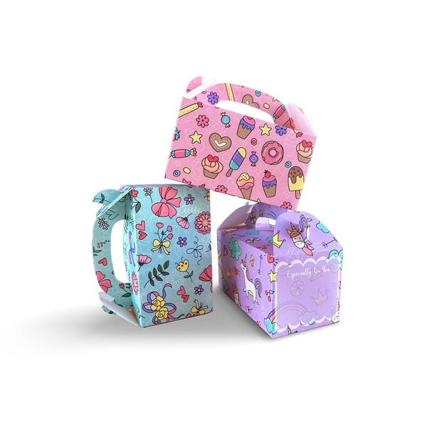 MintieJamie Pastel Color Treat Boxes for Kids Girl - 24-Pack Premium Gable Cardboard Boxes with Cute Motifs- Perfect for Party, Celebrations, and Birthdays - 6.25x3.5x3.5 Inches
