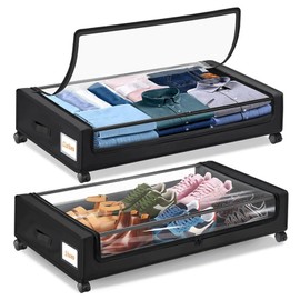 Under Bed Storage with Wheels, Foldable Storage Containers, Underbed Storage Bins with Clear Lids & Label, Rolling Metal Under Bed Organizer for Clothes, Blankets, Shoes, Toys (Black - 2Pack)