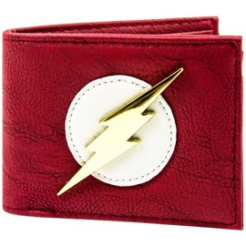 Animation Flash Suit Gold Metal Lightning Bolt Emblem Wallet Bi-Fold ID & Card Holder, Red