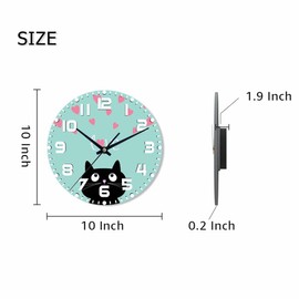 NOMEDOGYIM Black Cat Wall Clock Pink Heart and Cute Cartoon Cat Battery Powered Wall Clock Silent Non Ticking 10 Inch for Living Room, Kitchen, Home,Bathroom, Bedroom