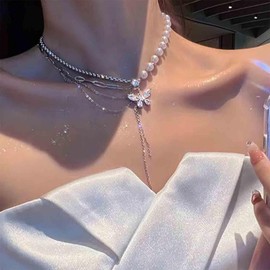 Aneneiceera Vintage Pearl Crystal Butterfly Y Drop Necklace Silver Tassel Chain Y Necklace White Pearl Choker Necklace Personlized CZ Y Lariat Necklace Chain Jewellery for Women, Zinc