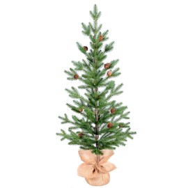 Treepool 3FT Tabletop Artificial Christmas Tree with 209 PE Branch Tips, Pinecones, Unlit Small Xmas PE Trees with Cement Base Wrapped in Burlap,Green