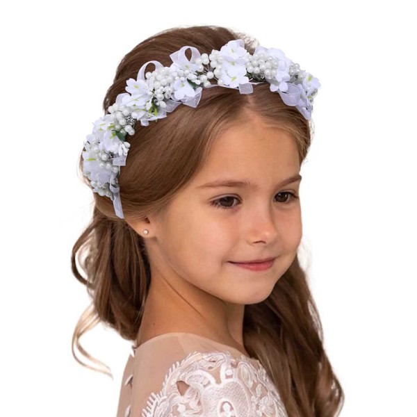 Campsis Girls Headpiece Flower Headbands Pearl Communion Hair Accessories Crystal Girls Birthday Photography Hair Band for Women and Girls(White)