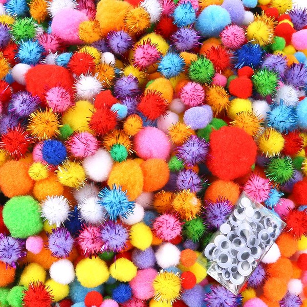 Caydo 2000 Pieces Assorted Sizes Multicolor Pompoms Glitter Pom Poms with 4 Sizes Wiggle Eyes for Hobby DIY Art Craft Supplies