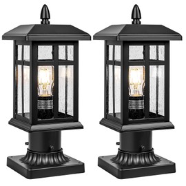 Brilvibera 2 Packs Outdoor Post Light, Black Pole Lantern Lighting Fixture with Pier Mount Base, Exterior Lamp Post Lantern with Glass for Garden Yard Patio Path