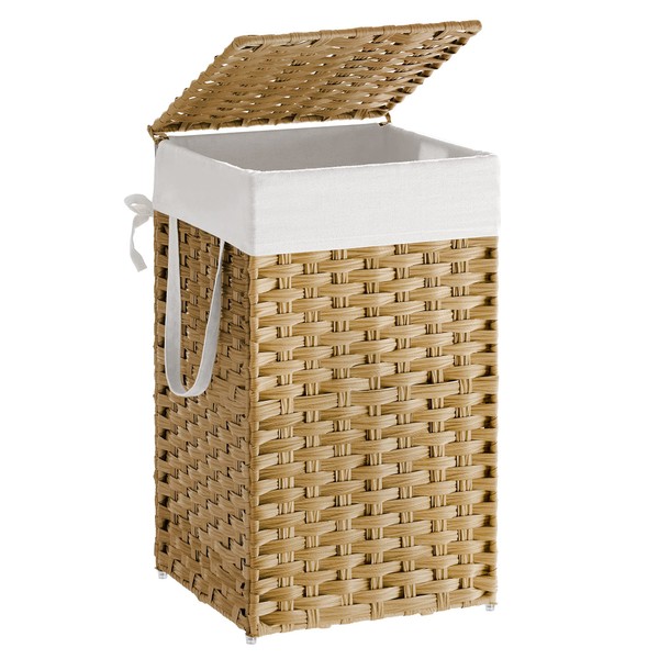 SONGMICS Laundry Hamper with Lid, 17.2 Gallon (65L) Synthetic Rattan Clothes Laundry Basket with Lid and Handles, Foldable, Removable Liner, Natural ULCB165N01