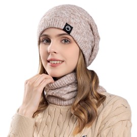 TAGVO Women Beanie Hat Scarf Set Winter Warm Thicken Knitted Hat Ladies Outdoor Slouchy Ski Hat Neck Warmer with Fleece Lining Khaki