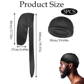 ZSRVAJ 3 Pcs Durag Caps, Durag Mens, Elastic Wave Cap, Durag Cap, Durag Silk 360 Waves Ultra-Soft Wave Cap Satin Durag Extra Long Tails Headwrap Hat Shower Cap for Men Women Black