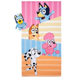 Jay Franco Bluey & Friends Bath Towel & Bath Buddy Set - Kids Bathtub Accessories - Includes 25 x 50 Inch Microfiber Towel & 13 Inch Bluey Water Play Buddy