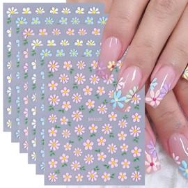 6 Sheets Flowers Nail Art Stickers 3D Self Adhesive Flower Nail Stickers for Nail Art Blue White Pink Daisy Nail Decals Summer Floral Nail Design Supplies for Women DIY Manicure Decor