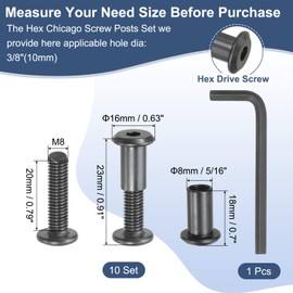 MECCANIXITY Hex Drive Socket Cap Bolt, 10 Set Binding Screw Posts Fit for 3/8"(10mm) Hole Dia Male M8 x 20mm Carbon Steel Binding Bolts with Wrench for Leather Scrapbook, Black Oxide