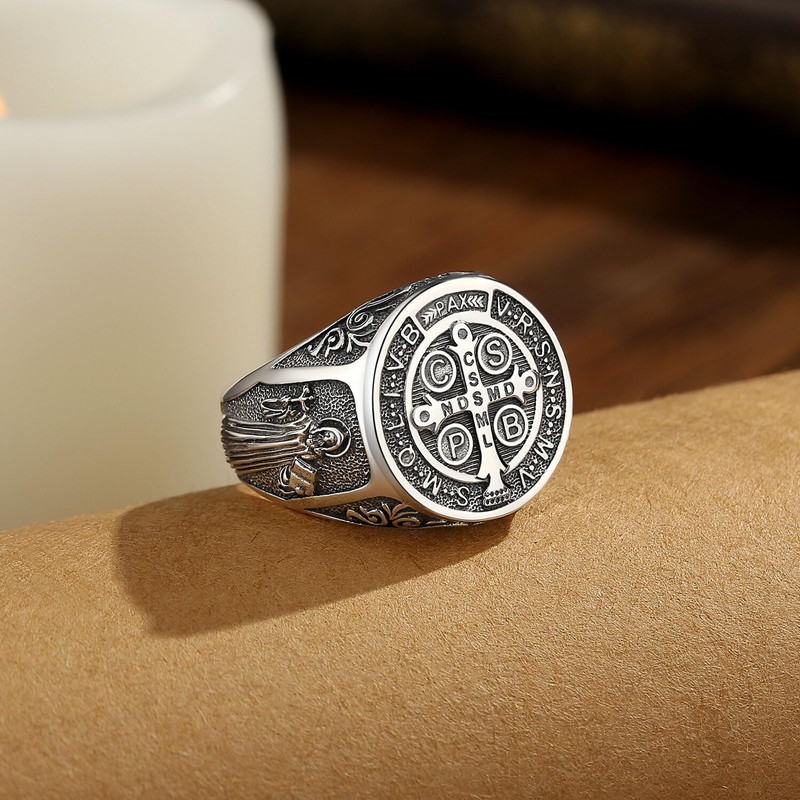 Vito S925 Sterling Silver Saint Benedict Ring for Women Men,