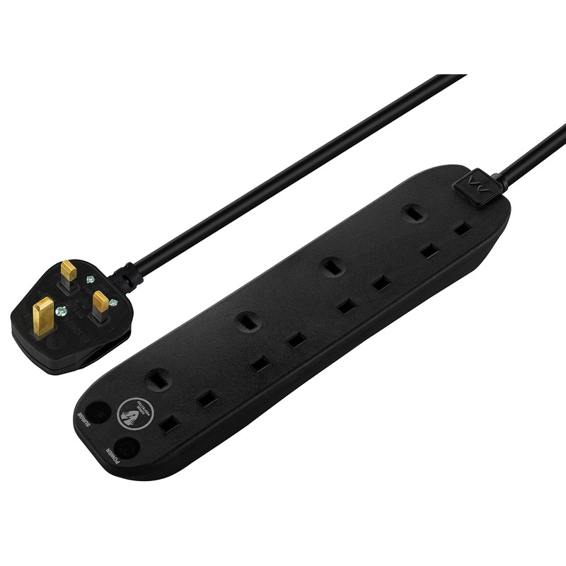 Masterplug Four Socket Power Surge Protected Extension Lead, Black