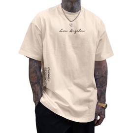 Verdusa Men's Oversized Graphic T Shirts Letter Slogan Drop Shoulder Short Sleeve Round Neck Tee Khaki M