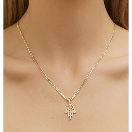 Barzel 18K Gold Plated Flat Mariner/Marina 060 3MM Chain Necklace With Hamsa Hand Pendant