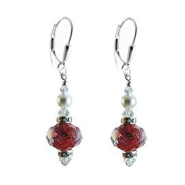 Red Lamp-work Glass Earrings Made with Austrian Crystal Elements. Sterling Silver Lever-back