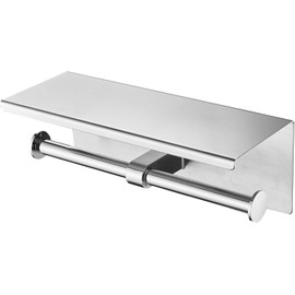 Double Toilet Paper Holder with Shelf Wall Mounted Commercial Phone Holder Double Toilet Paper Roll Holder Stainless Steel Toilet Tissue Holder Dispenser (Brushed Nickel)