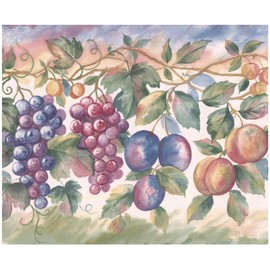 Wall Border - Mauve Hot Pink Yellow Grapes Pear Plum Apple Distressed Scalloped Wallpaper Border Retro Design, Prepasted Roll 15 ft. x 9 in.