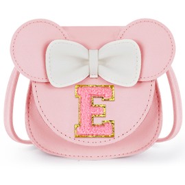 URSKYTOUS Toddler Purse Gifts for Girl Kids Little Initial Mouse Ears Bow Crossbody Bag Pink Cute Pu Shoulder Handbag, E