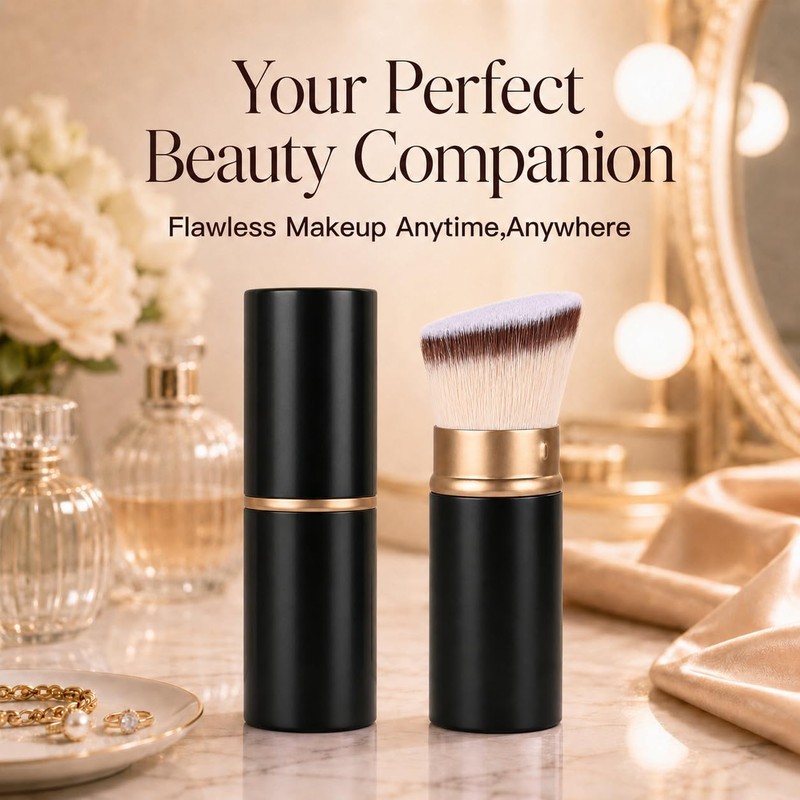 Retractable Angled Kabuki Makeup Brush - Vegan Adjustable Blush Tool