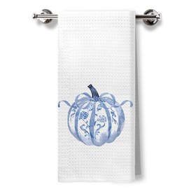 Foritho Blue Chinoiserie Pumpkin Fall Kitchen Towels, Coquette Preppy Blue Bow Fall Pumpkin Hand Towels for Dorm Bathroom, Farmhouse Autumn Dish Tea Towel for Kitchen Decor, 16x24 Inch