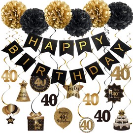Szhuiher Happy 40th Birthday Hanging Swirls Streamers Decoration Set, Happy Birthday Banner with Tissue Pompoms, Black and Gold 40 Years Old Birthday Party Hanging Backdrop Decorations