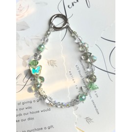 Crystal Beaded Phone Lanyard Chain Cellphone Wrist Strap Bracelet Wristlet, with Butterfly Charm, Iridescent Glass Beads, Mint Green Accents