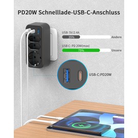 STGAROT 6 in 1 Mehrfachstecker Steckdosenadapter mit 1 PD20W USB C, 4000W/16A 3 Fach Mehrfachsteckdose mit 3 USB Steckdose Steckdosenleiste, STGAROT Verteilersteckdose USB C Steckdosen Ohne Kabel, Schwarz
