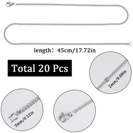SUNNYCLUE 20 PACK 18 Inch/ 0.45m 304 Stainless Steel Cuban Chain Necklace Making Chains Silver Metal Lobster Claw Clasps Cable Curb Chain Necklaces Bulk for jewellery Making Supplies Women Adult Diy