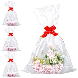 SOFPLATE 5 Pack DIY Gift Basket Supplies Gift Basket Tray Empty with Plastic Clear Bags Ribbons Red Pink Cardboard Market Tray Boxes Wrap To Fill For Valentine's Day Birthdays Christmas Weddings Adult