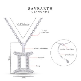18K White Gold Plated Zodiac Necklace For Women, Gemini Horoscope Astrology Sign Moissanite Diamond Pendant Necklace 16+2” Adjustable Chain (0.10 Cttw)
