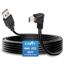 EWAY Mini USB Dash Cam Power Cable 13ft, USB 2.0 A to 90 Degree Left Angle Mini-B USB Charging Cord Power Supply Car Charger Adapter Connector for Dashcam Dashboard Recorder Mirror Cam Backup Camera