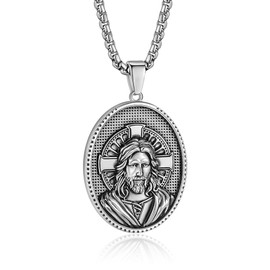 Yaumatea Jesus Christ Necklace, Savior of the World, Protection Medal, Catholic Gift, Stainless Steel 22+2" Chain (Silver)