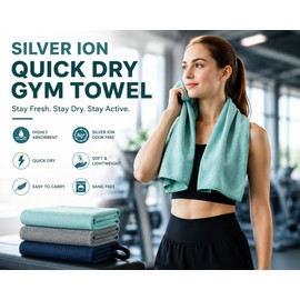 Silver Ion (AG+) Microfiber Sports Towel 32 x 63 Inch, Quick Dry, Odor Resistant, Highly Absorbent, Lightweight, Sand Free for Gym, Yoga, Swimming & Travel