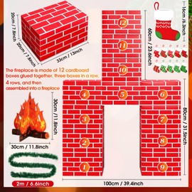 Fullhawl 34 Pcs 3D Christmas Cardboard Fireplace 39 x 59 Inch DIY Christmas Artificial Fireplace with Stocking 3D Fire Flame Prop Pine Garland Fake Fire Place Backdrop for Xmas Decor(Red Brick)