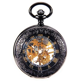 New Brand Mall Steampunk Vintage Roman Letters Design Case Mechanical Pocket Watch with Chains for Xmas Gifts (black1)