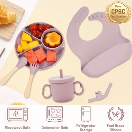 MIICASA Silicone Baby Feeding Set, Baby Led Weaning Supplies, Silicone Suction Plate, Bowl, Spoons, Fork, Waterproof Bib, Cup and Food Tableware, Eating Utensils Baby Feeding Essentials for 3+ Months