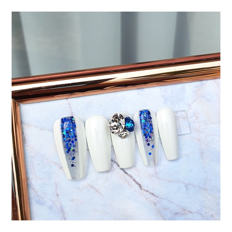Majestic Blue Line Handmade Nail Tips - Long Oval /