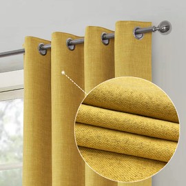 always4u 100% Blackout Linen Textured Curtains Burlap Casual Weave Thermal Insulated Drapes for Living Room Bedroom 2 Panels Mustard Yellow 54 * 108 Inches